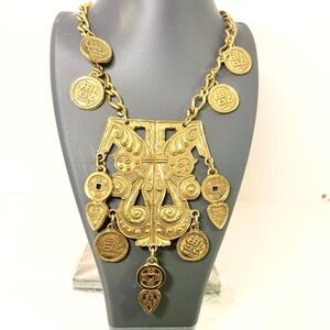 Signed Accessocraft NYC Statement Bib Necklace Dangle Chinese Coins